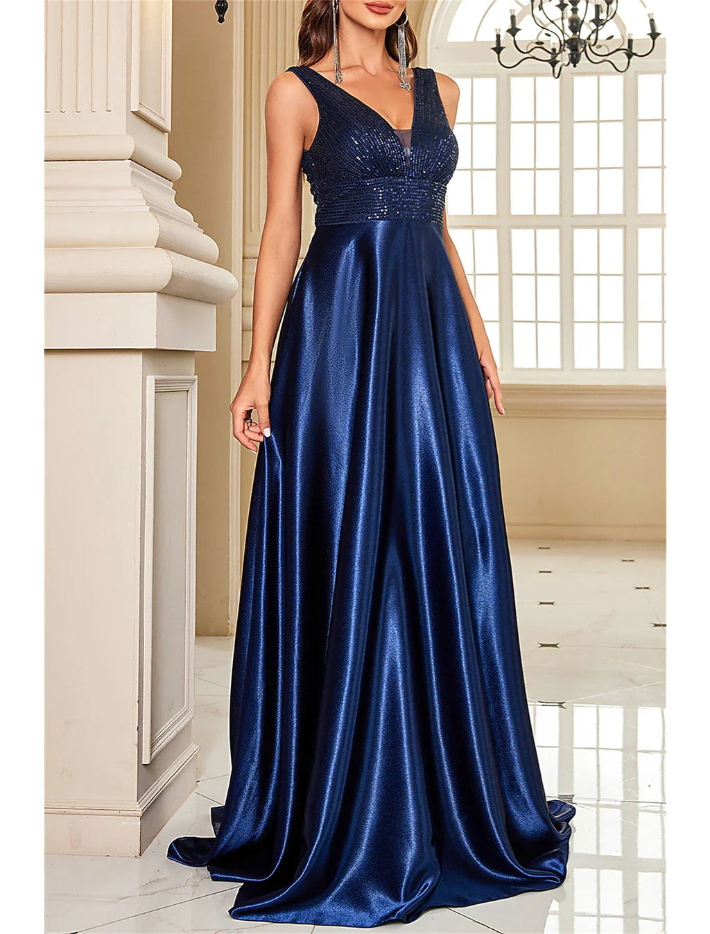 Mother of the Bride Dress Wedding Guest Party Sparkle & Shine Elegant V Neck Floor Length Sleeveless with Color Block