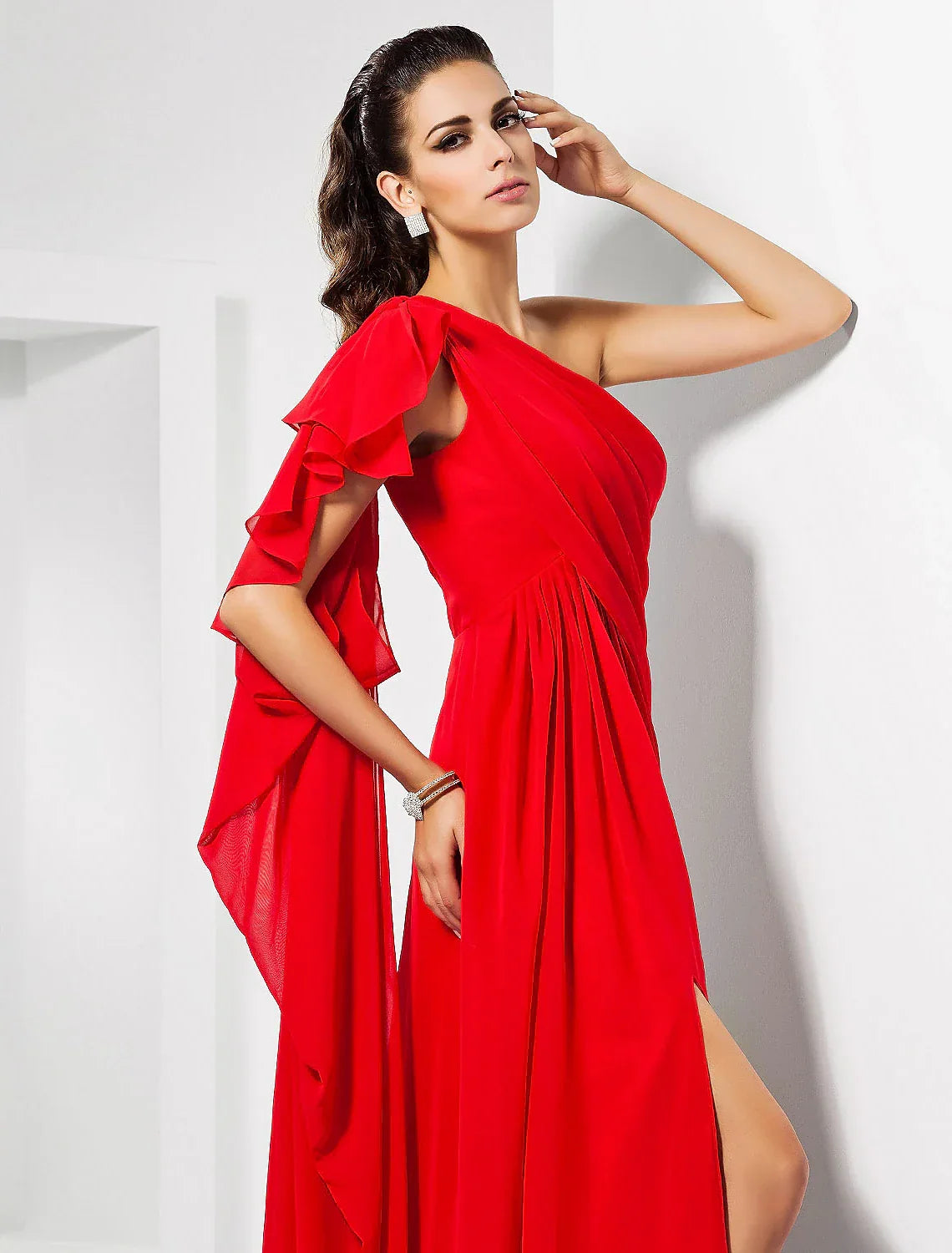 Sheath / Column Empire Wedding Guest Formal Evening Dress One Shoulder Sleeveless Floor Length with Draping Slit