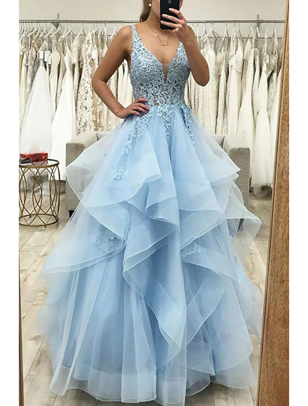 Ball Gown A-Line Prom Dresses Princess Dress Formal Wedding Guest Floor Length Sleeveless V Neck Backless with Pleats Ruched Appliques