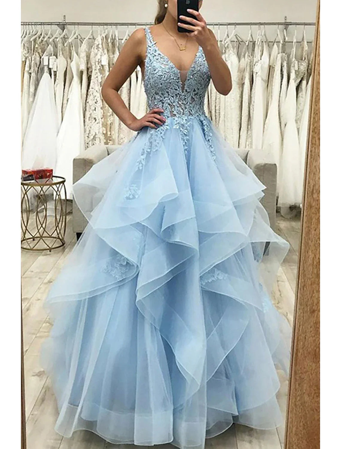 Ball Gown A-Line Prom Dresses Princess Dress Formal Wedding Guest Floor Length Sleeveless V Neck Backless with Pleats Ruched Appliques