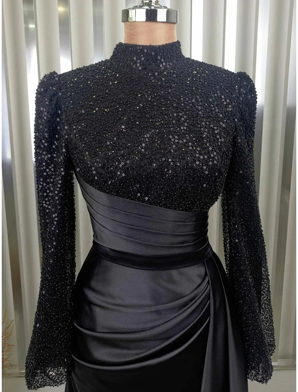 Evening Gown Champagne Christmas Elegant Dress Formal Sweep / Brush Train Long Sleeve High Neck with Glitter Pleats Ruched
