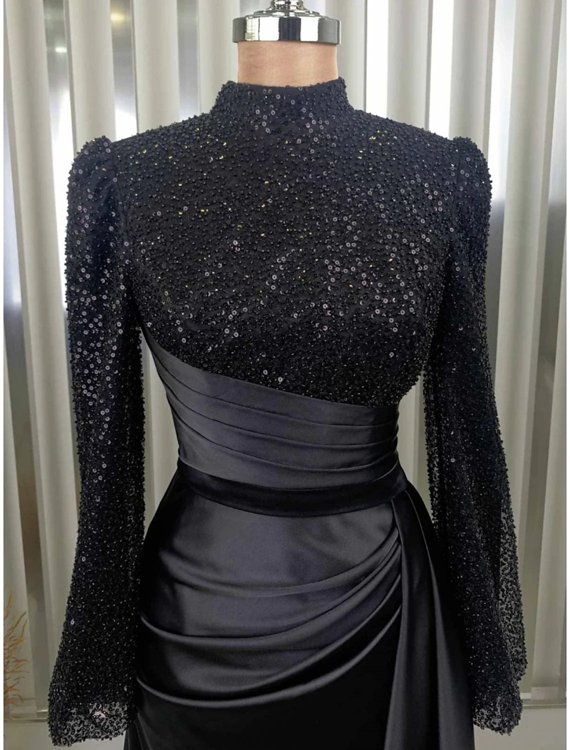 Evening Gown Champagne Christmas Elegant Dress Formal Sweep / Brush Train Long Sleeve High Neck with Glitter Pleats Ruched