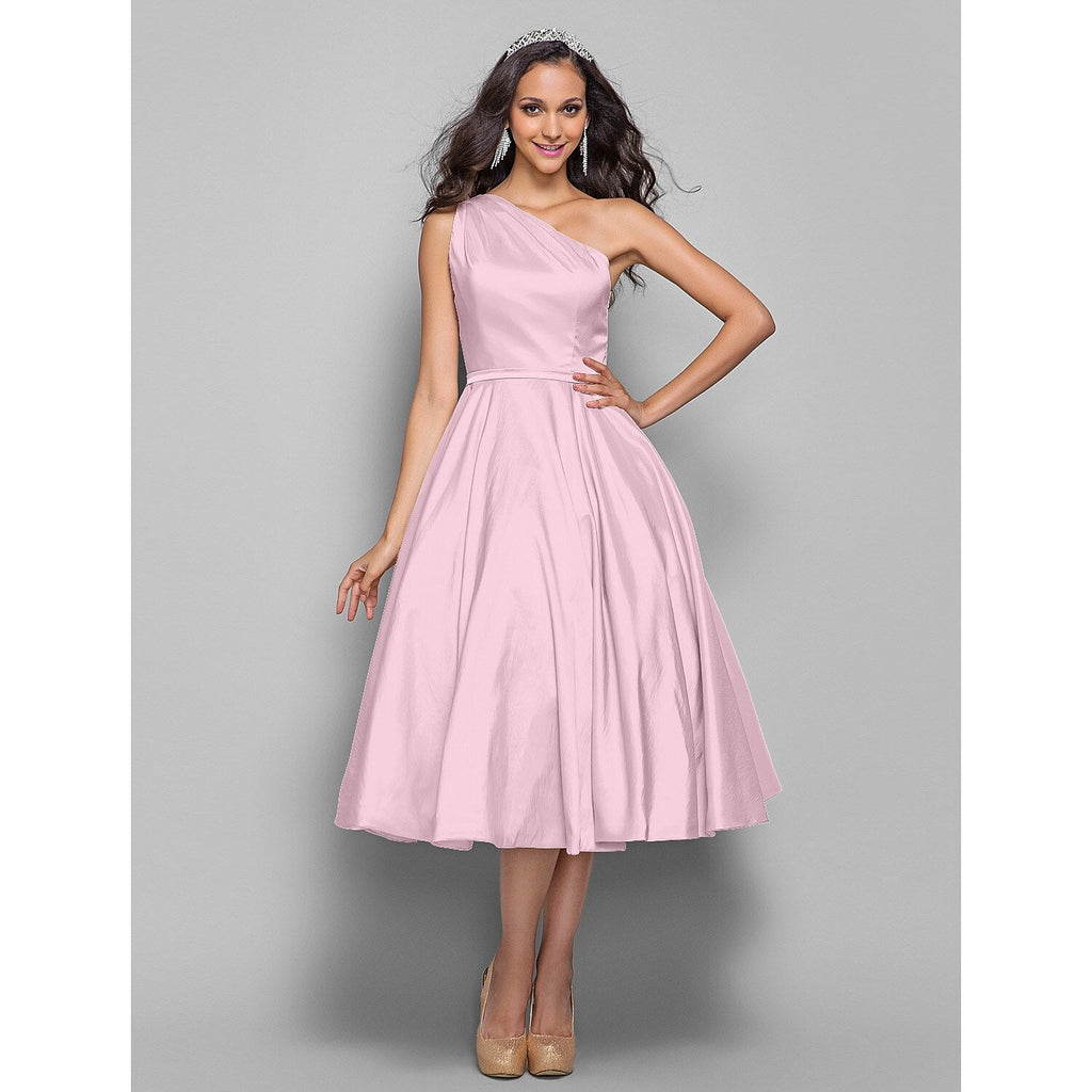 Minimalist Elegant Cocktail Party Wedding Party Dress One Shoulder Sleeveless Tea Length Taffeta with Sash / Ribbon