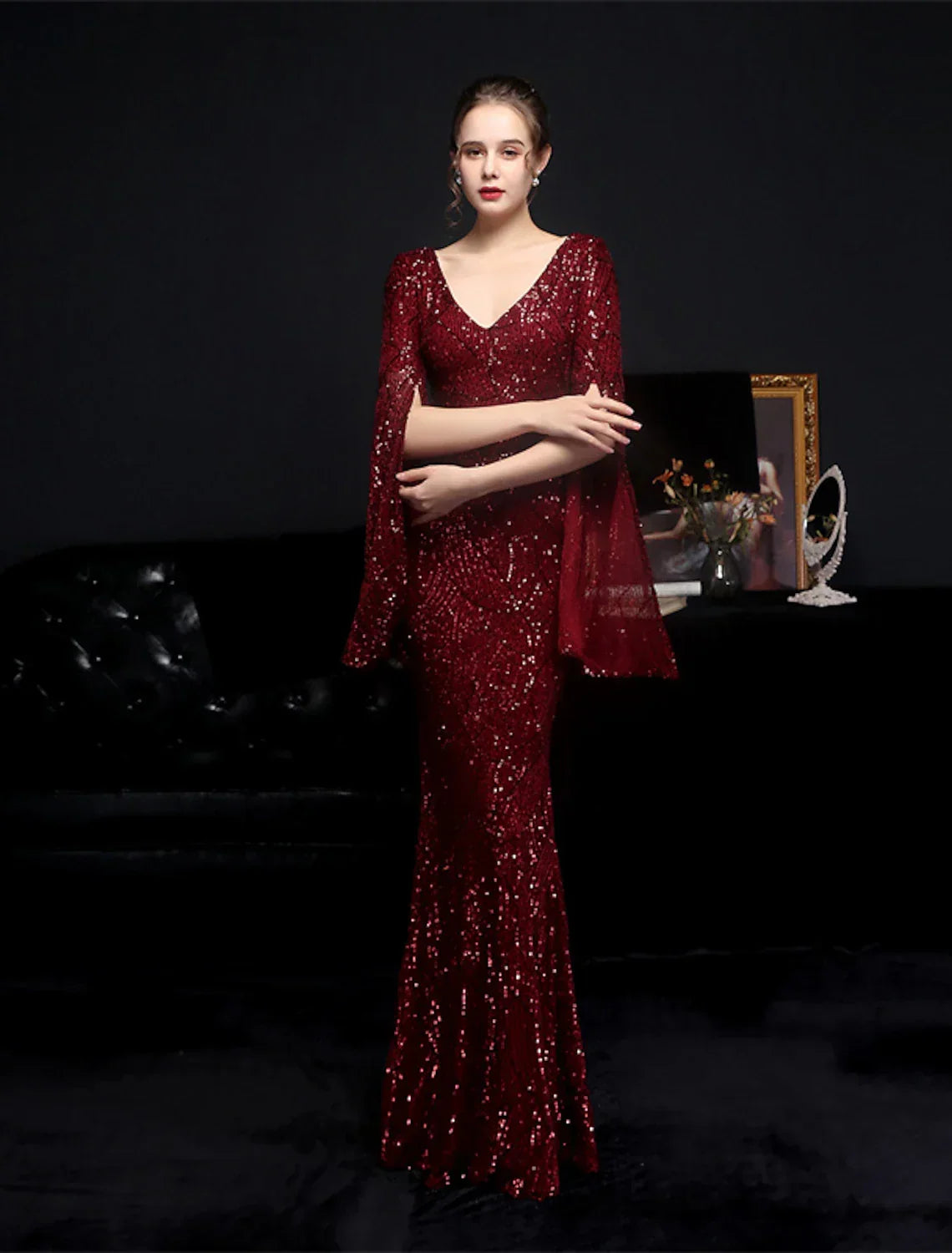 Mermaid / Trumpet Evening Gown Sparkle & Shine Dress Formal Floor Length Long Sleeve V Neck