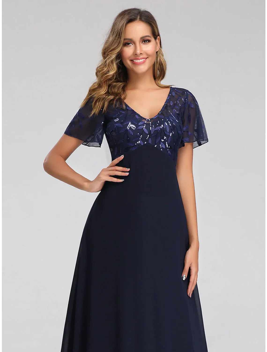 Wedding Guest Dresses Elegant Dress Fall Floor Length Short Sleeve V Neck Bridesmaid Dress with Appliques