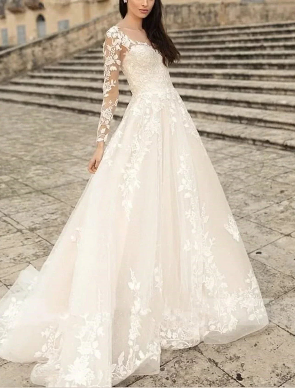 Beach Formal Wedding Dresses A-Line V Neck Long Sleeve Sweep / Brush Train Bridal Gowns With Flower Solid Color
