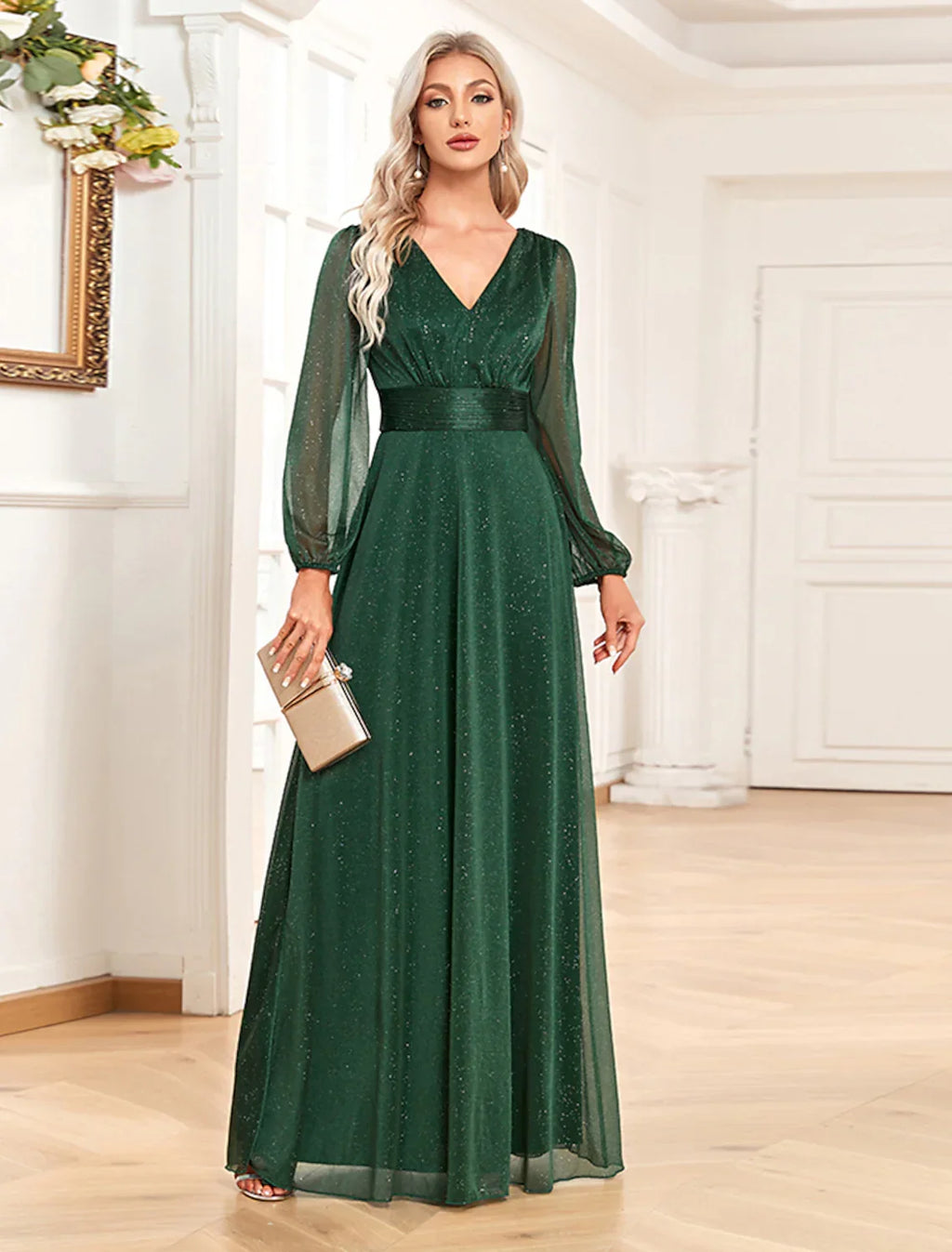Evening Gown Elegant Dress Formal Floor Length Long Sleeve V Neck