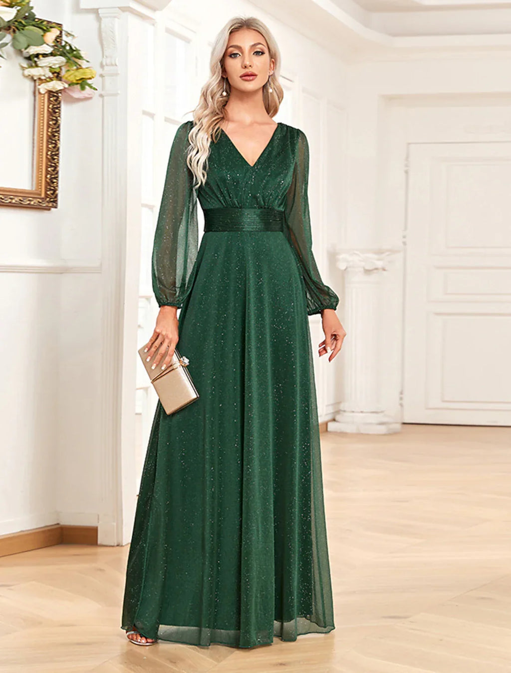 Evening Gown Sparkle & Shine Dress Formal Wedding Party Dress Floor Length Long Sleeve V Neck