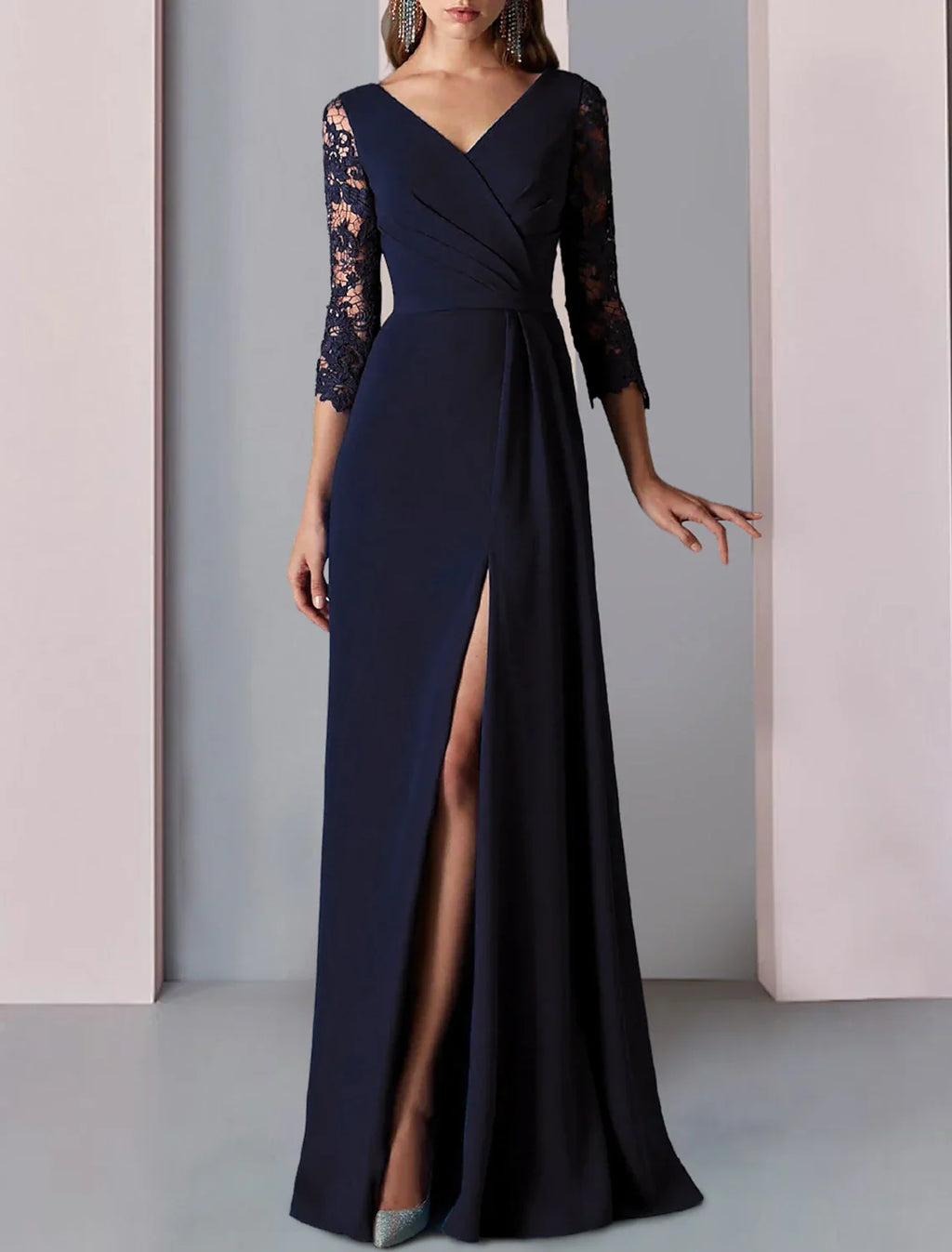 Mother of the Bride Dress Formal Wedding Guest Party Elegant V Neck Floor Length 3/4 Length Sleeve with Appliques Split Front