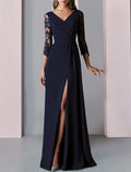 Mother of the Bride Dress Formal Wedding Guest Party Elegant V Neck Floor Length 3/4 Length Sleeve with Appliques Split Front