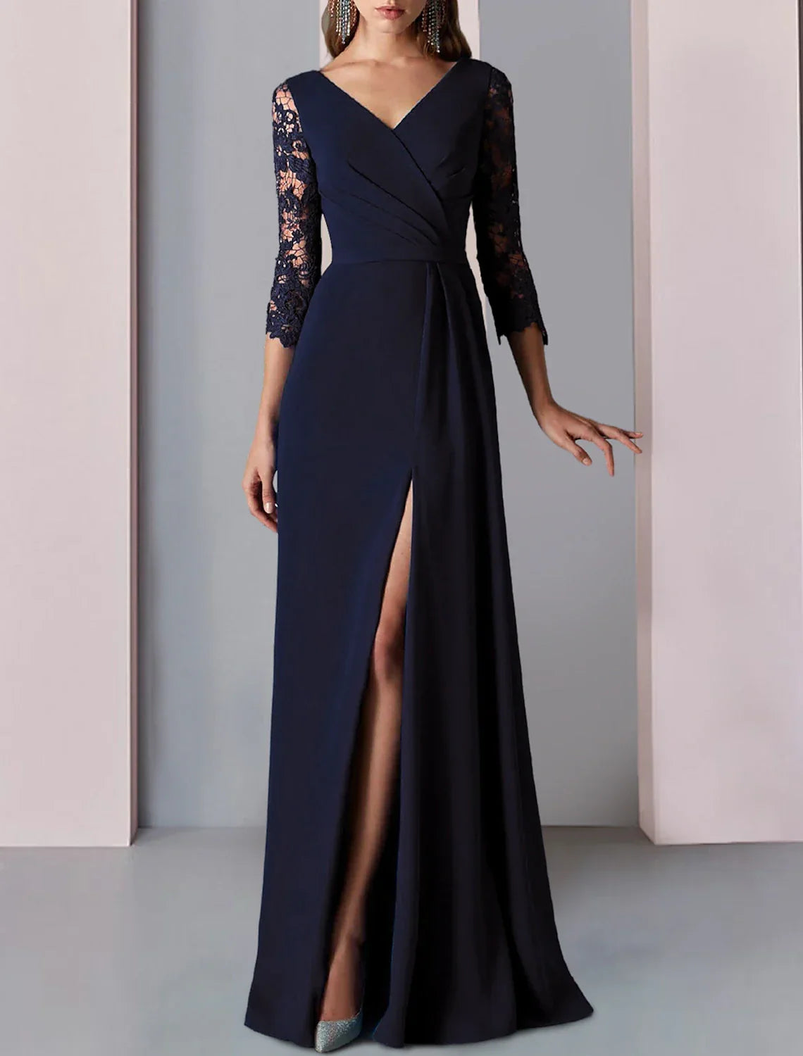 Mother of the Bride Dress Formal Wedding Guest Party Elegant V Neck Floor Length 3/4 Length Sleeve with Appliques Split Front