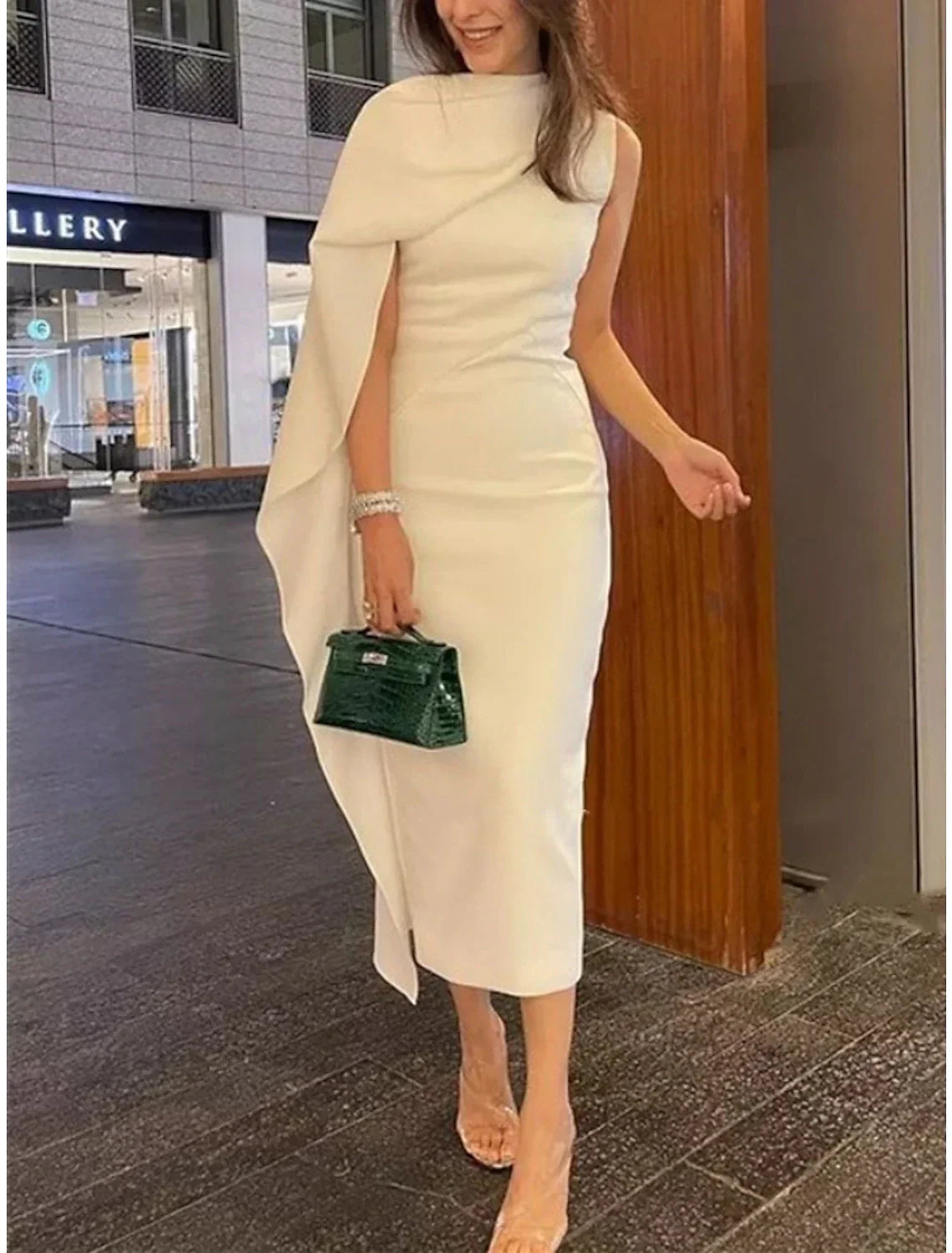 Green Sheath / Column Evening Gown Elegant Dress Formal Tea Length Christmas Red Dress Sleeveless Cowl Neck Fabric with Ruched