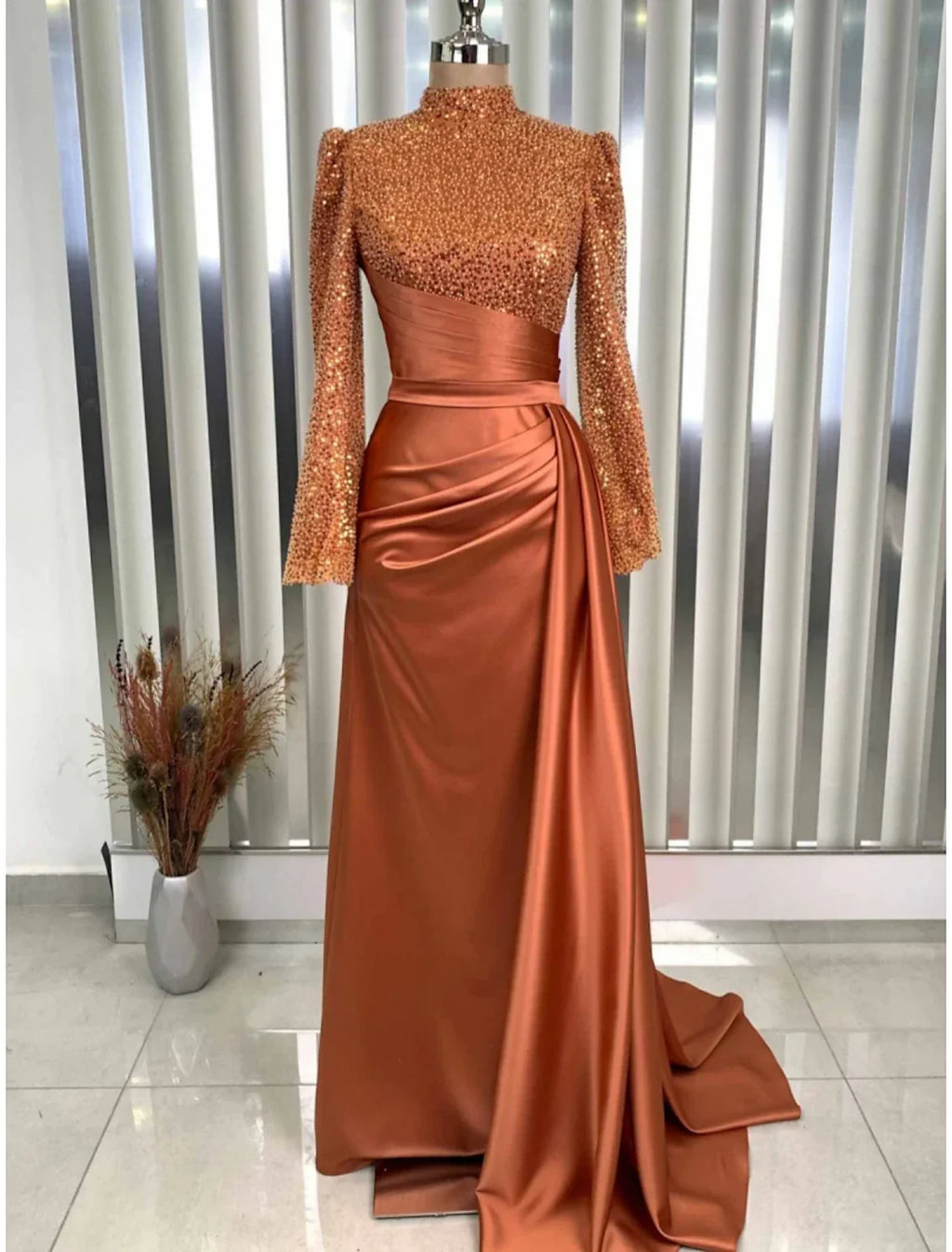 Evening Gown Champagne Christmas Elegant Dress Formal Sweep / Brush Train Long Sleeve High Neck with Glitter Pleats Ruched