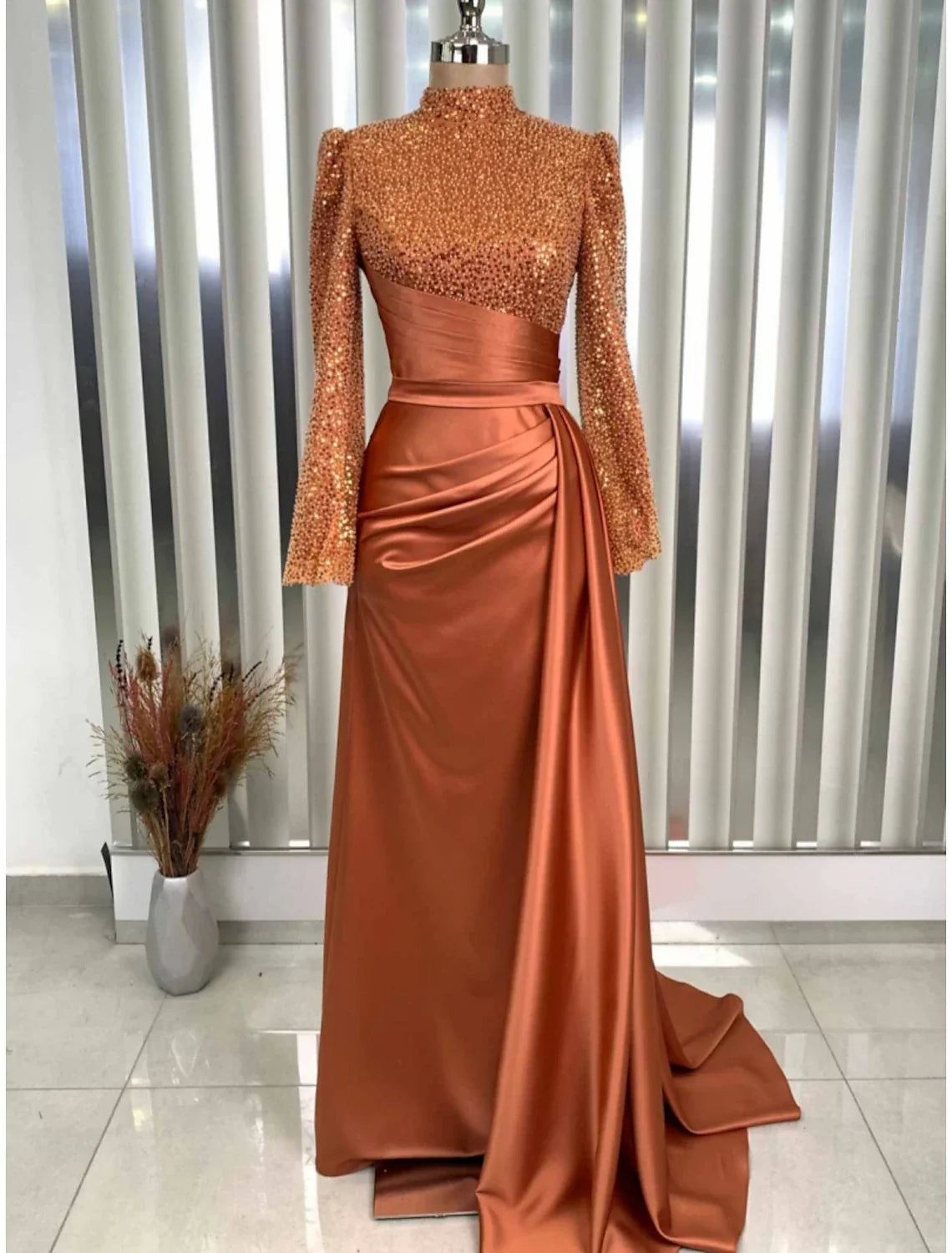 Evening Gown Champagne Christmas Elegant Dress Formal Sweep / Brush Train Long Sleeve High Neck with Glitter Pleats Ruched