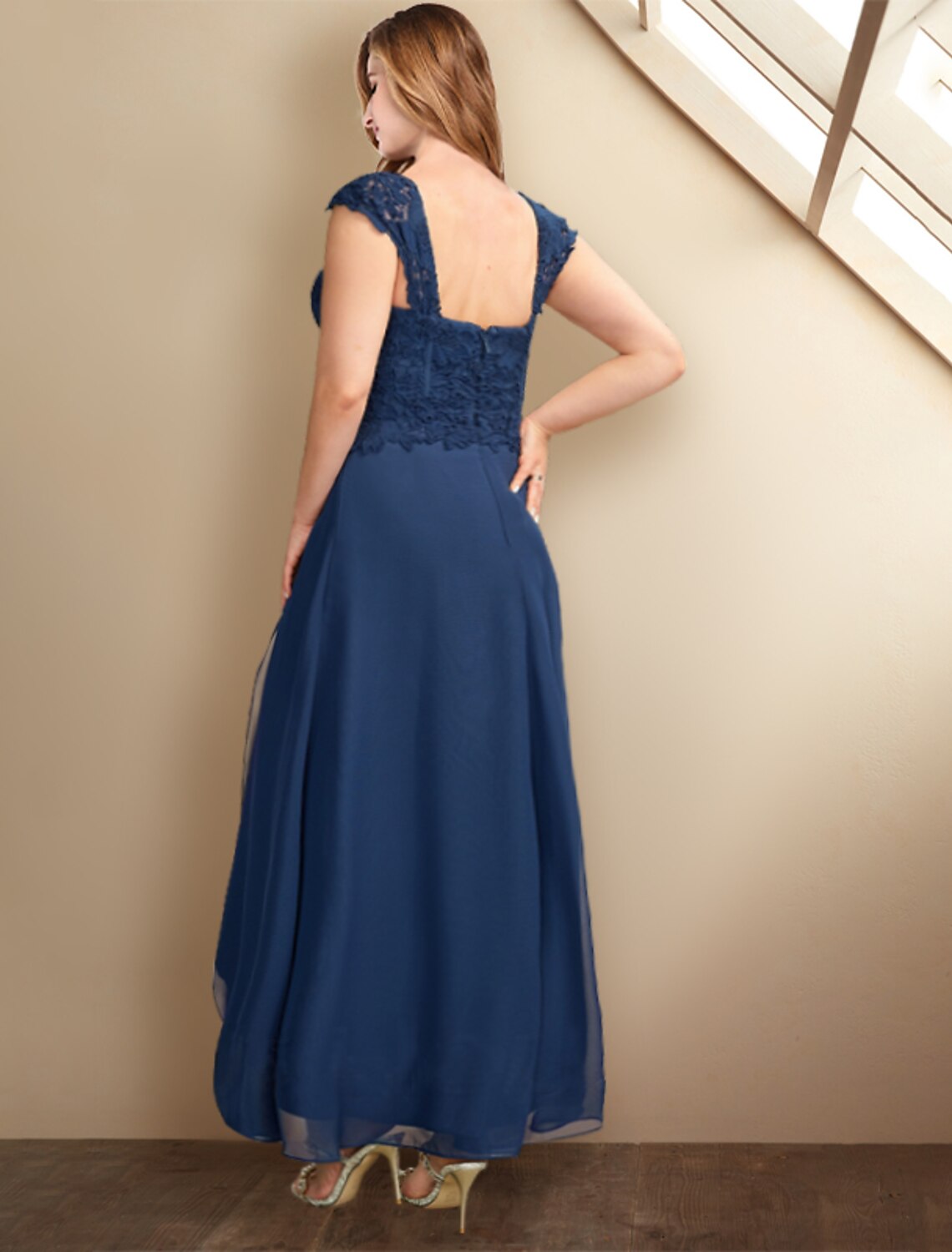 Two Piece A-Line Mother of the Bride Dresses Plus Size Hide Belly Curve Elegant Dress Formal Asymmetrical Half Sleeve Square Neck with Pleats Appliques