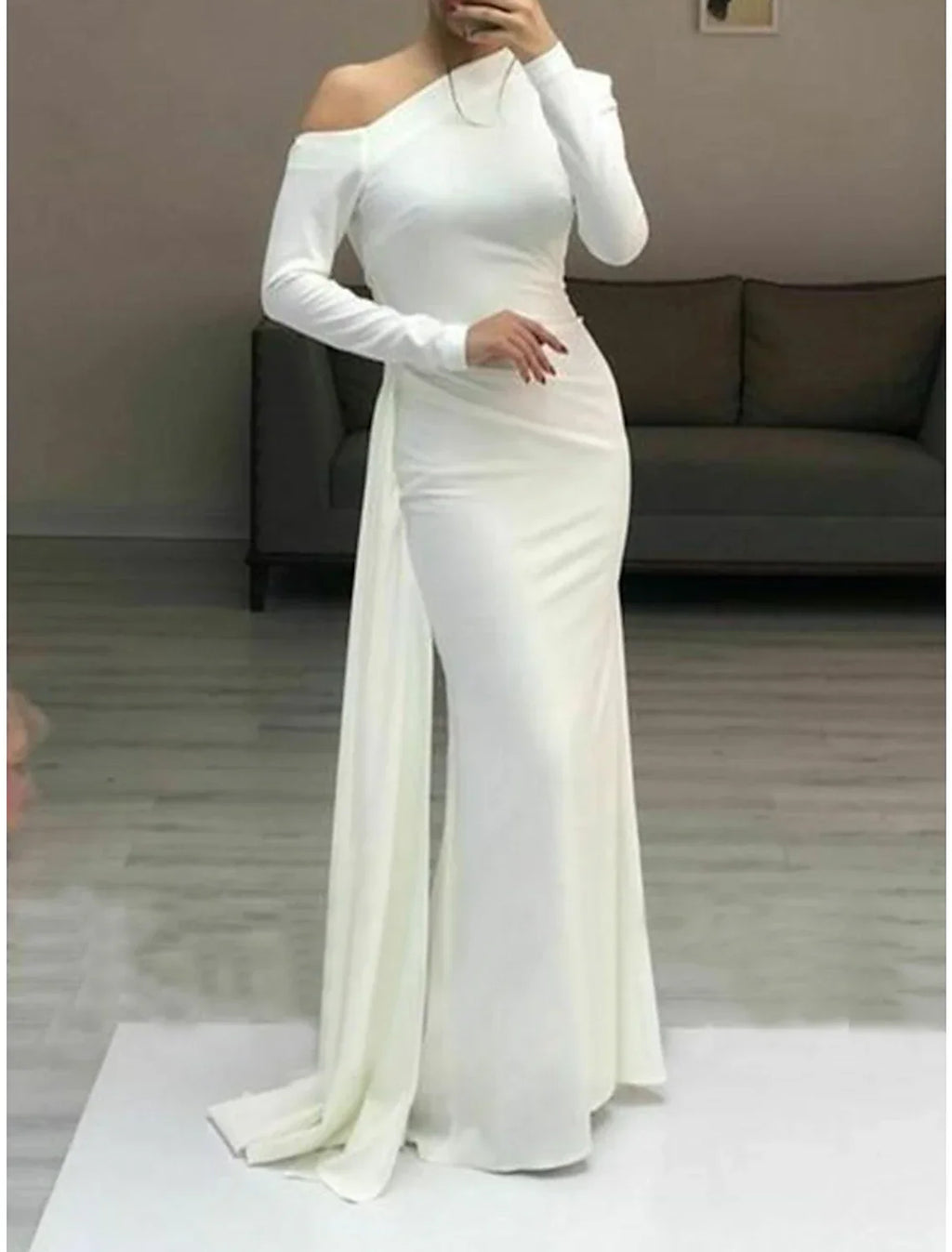 Sheath / Column Evening Gown Elegant Dress Formal Evening Floor Length Long Sleeve One Shoulder Fall Wedding Guest Fabric with Sleek Ruched