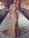 Evening Dresses Sexy Sparkle Shine Dress Prom Formal Evening Court Train One Shoulder Sleeveless with Slit