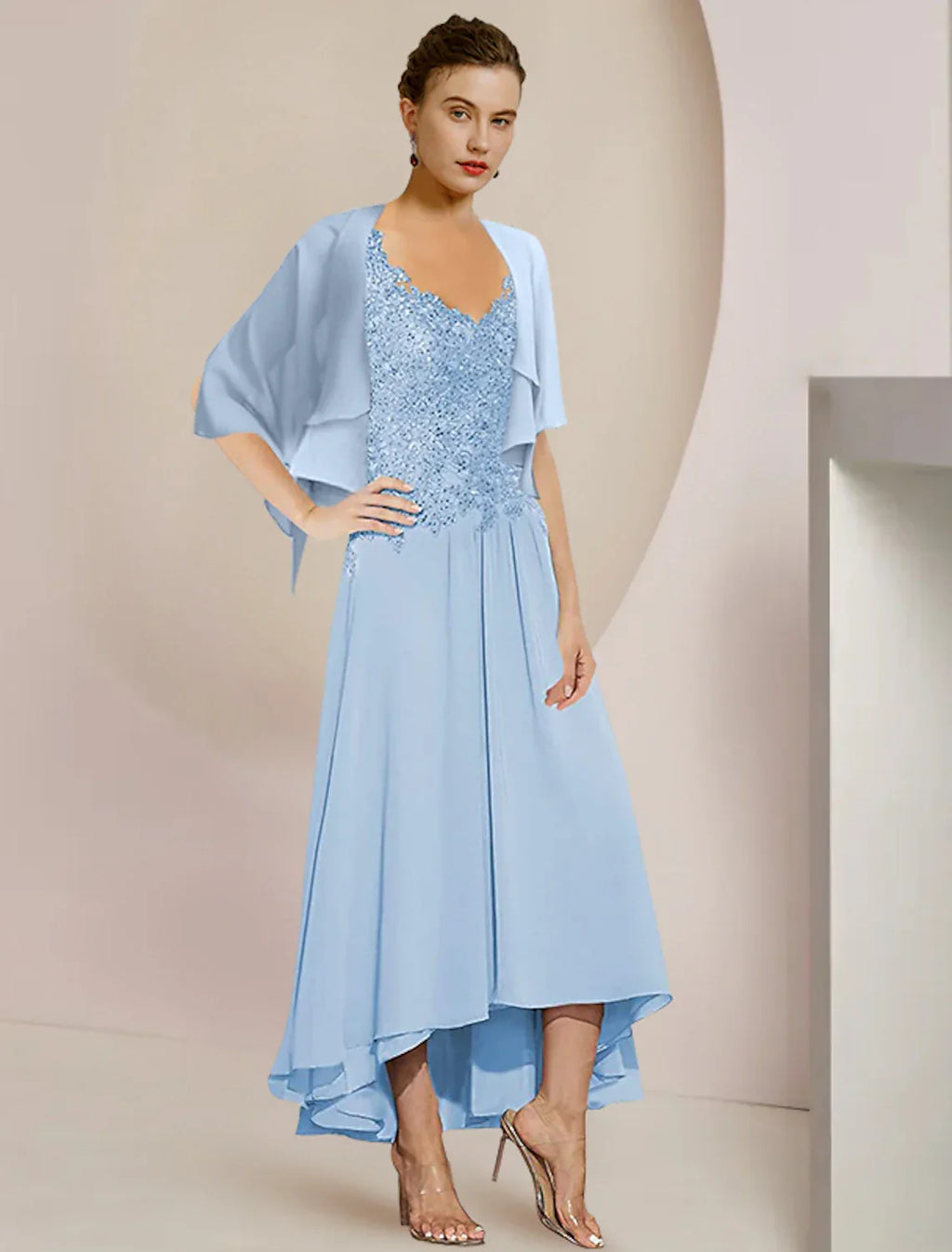 Two Piece A-Line Mother of the Bride Dress Formal Wedding Guest Elegant High Low V Neck Asymmetrical Tea Length 3/4 Length Sleeve Wrap Included with Appliques