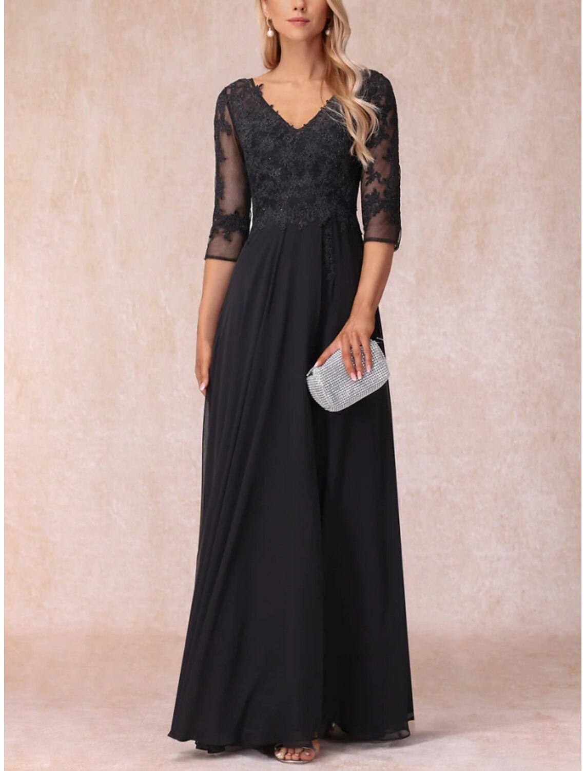 Mother of the Bride Dress Wedding Guest Elegant V Neck Floor Length 3/4 Length Sleeve with Ruching Solid Color