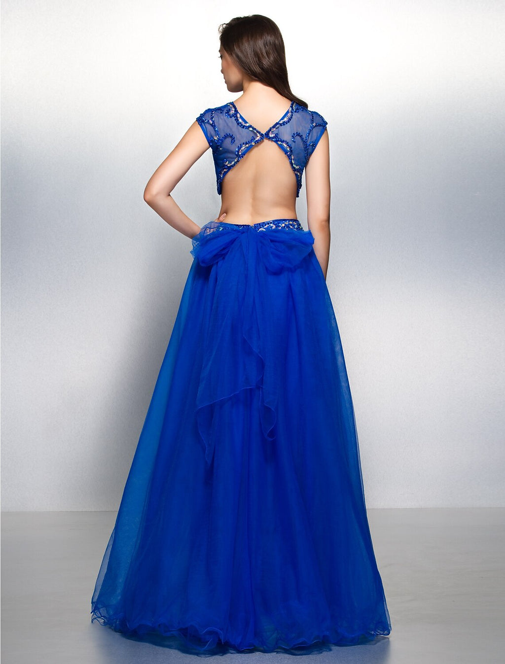 Two Piece A-Line Beautiful Back Two Piece Prom Formal Evening Dress Illusion Neck Short Sleeve Floor Length with Beading Appliques