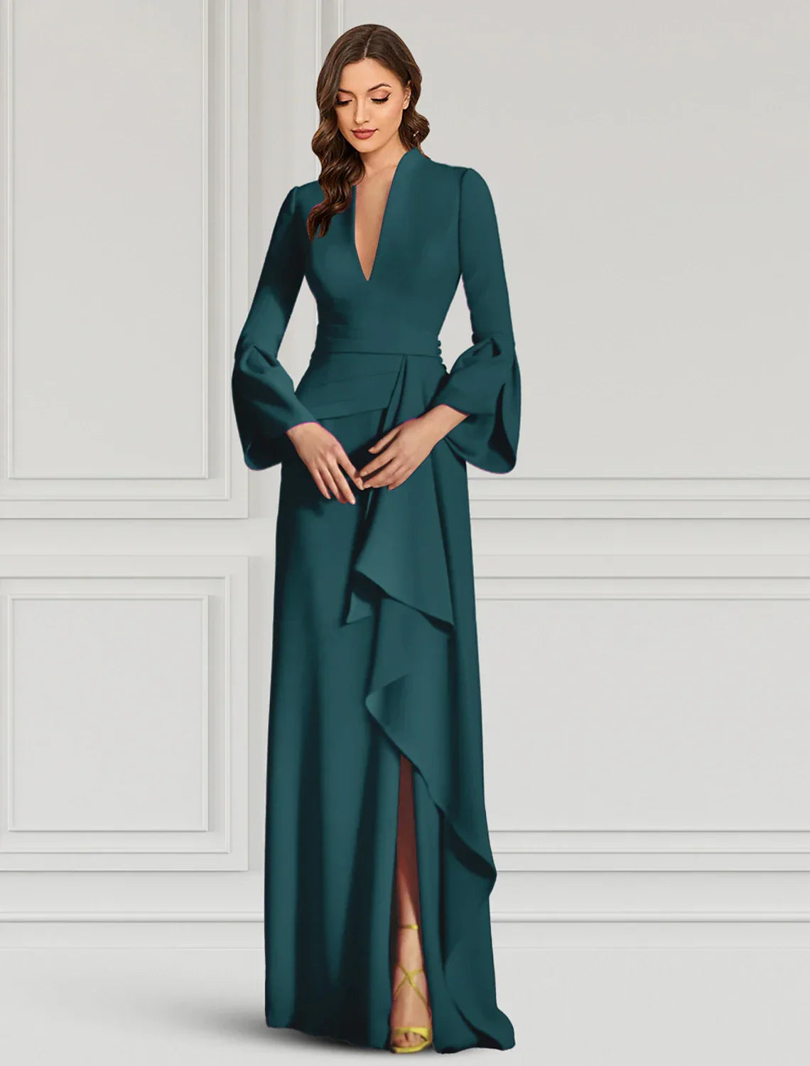 Black Sheath Evening Gown Elegant Dress Formal Cocktail Party Dress Floor Length Long Sleeve V Neck Fall Wedding Guest Fabric with Ruffles