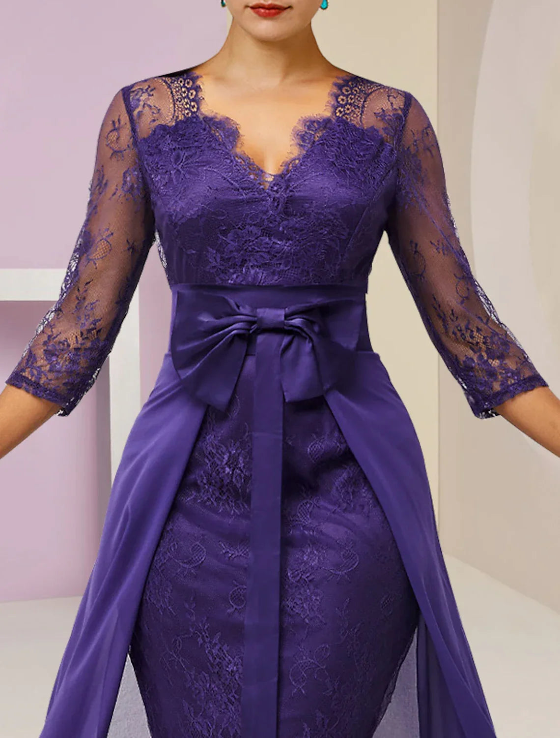 Two Piece Sheath / Column Mother of the Bride Dress Formal Fall Wedding Guest Elegant detachable V Neck Knee Length 3/4 Length Sleeve with Bow(s)