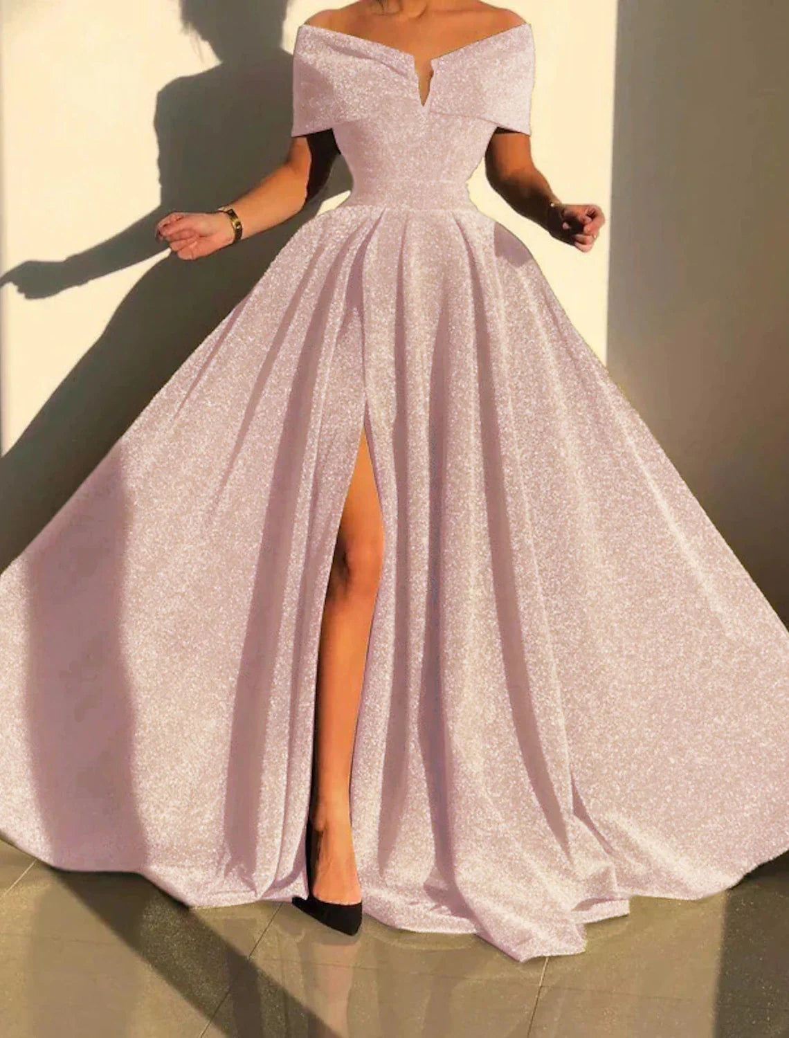 Silver Evening Gown Prom Silver Green Sparkle & Shine Party Formal Dress Formal Fall Court Train Sleeveless Off Shoulder Slit