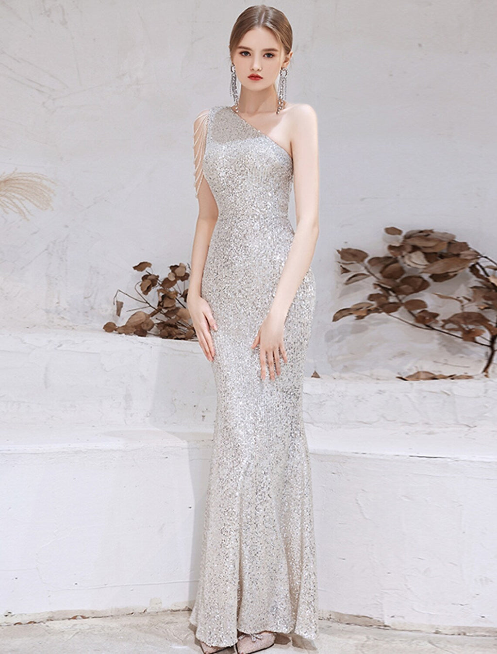 Evening Gown Dress Wedding Floor Length Sleeveless One Shoulder with Beading
