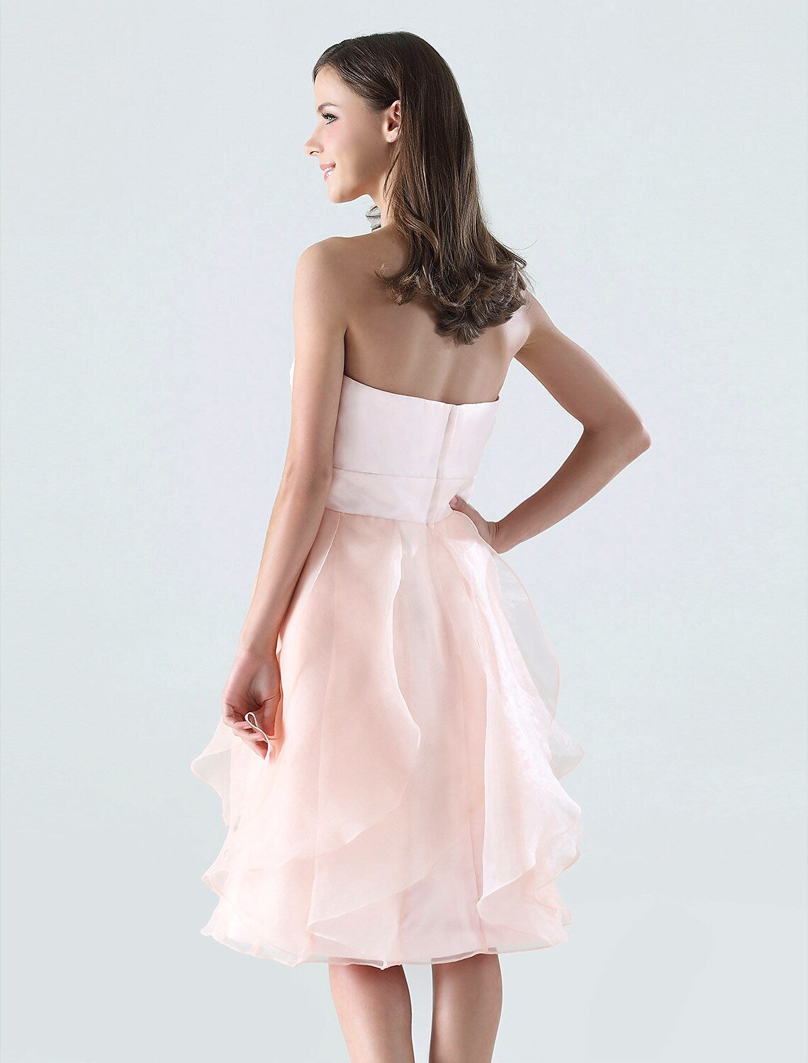 Bridesmaid Dress Strapless Sleeveless Open Back Knee Length with Ruffles