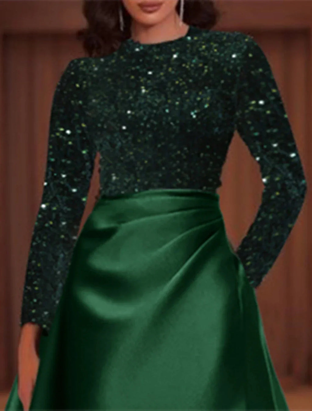 Green Evening Gown Elegant Dress Christmas Red Dress Wedding Guest Floor Length Long Sleeve Jewel Neck Pocket