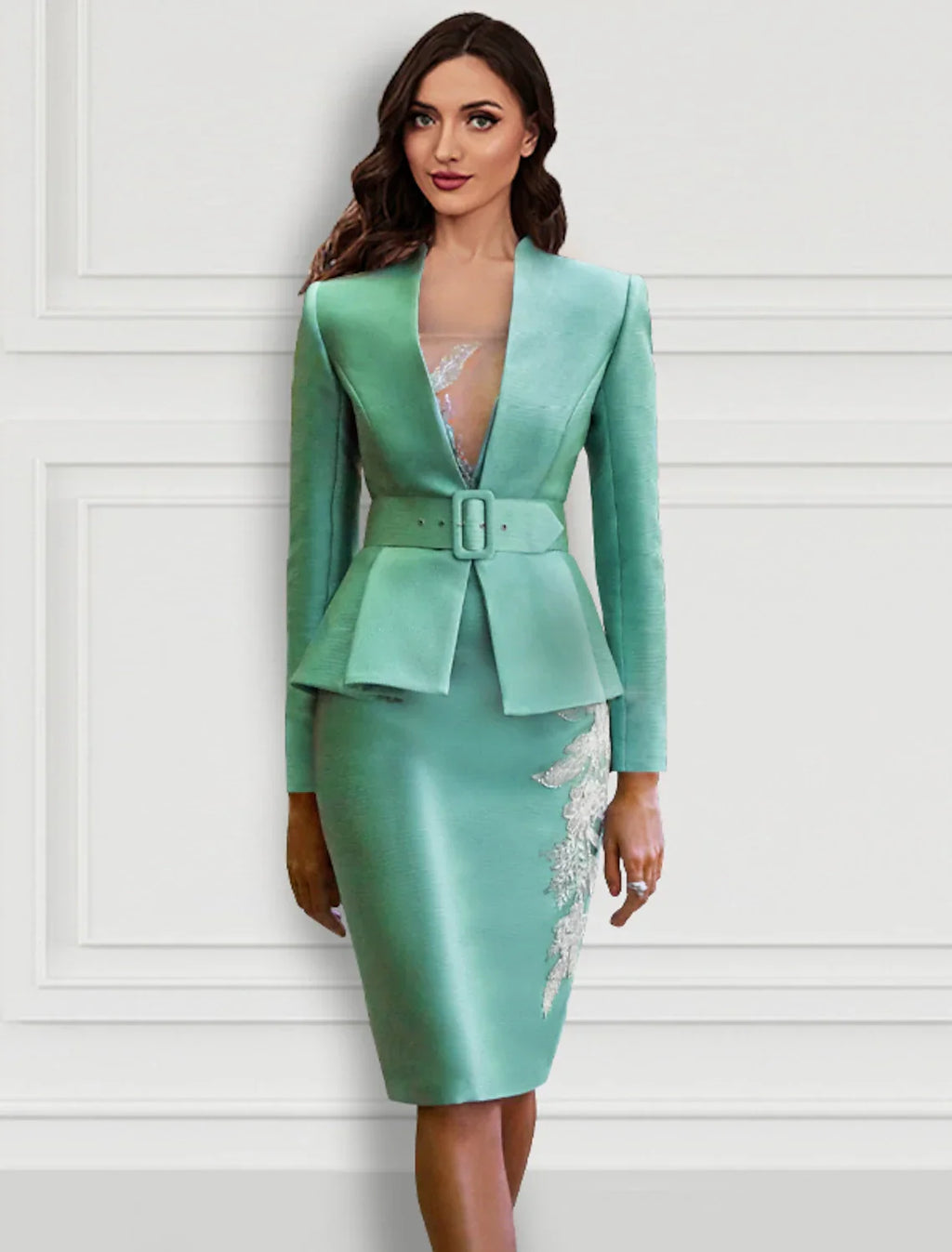 Two Piece Cocktail Dresses Floral Dress Formal Knee Length Long Sleeve V Neck Belt / Sash with Appliques