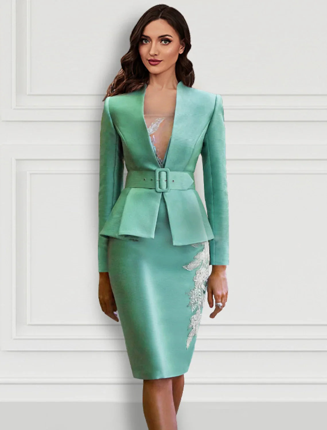 Two Piece Cocktail Dresses Floral Dress Formal Knee Length Long Sleeve V Neck Belt / Sash with Appliques