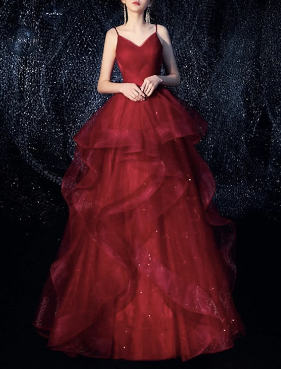 Sparkle Elegant Sparkle & Shine Engagement Formal Evening Dress Spaghetti Strap Sleeveless Floor Length with Tier
