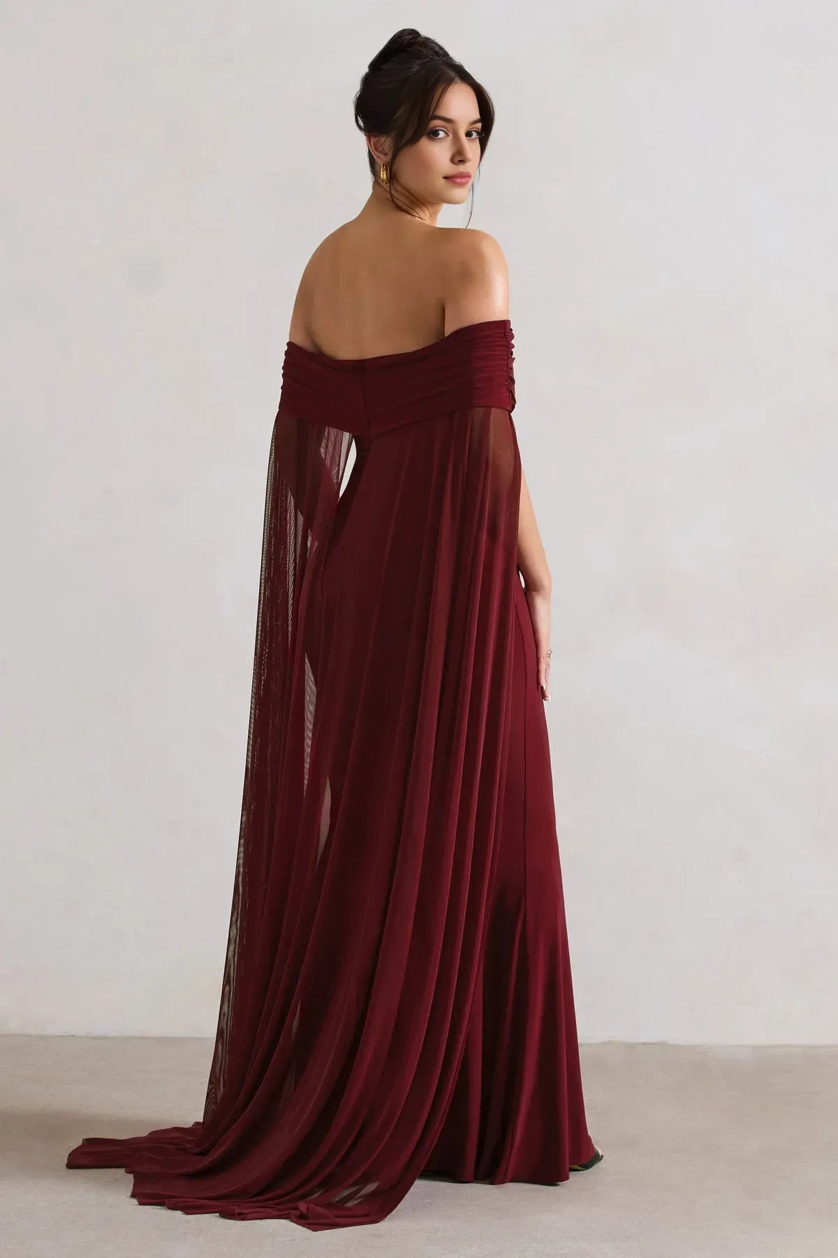 Burgundy Off - Shoulder Prom Dress with Enchanting Cape - Style Sleeves and Flattering Mermaid Silhouette