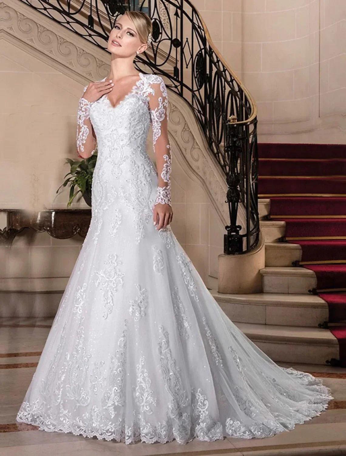 Engagement Formal Wedding Dresses Chapel Long Sleeve V Neck Beading