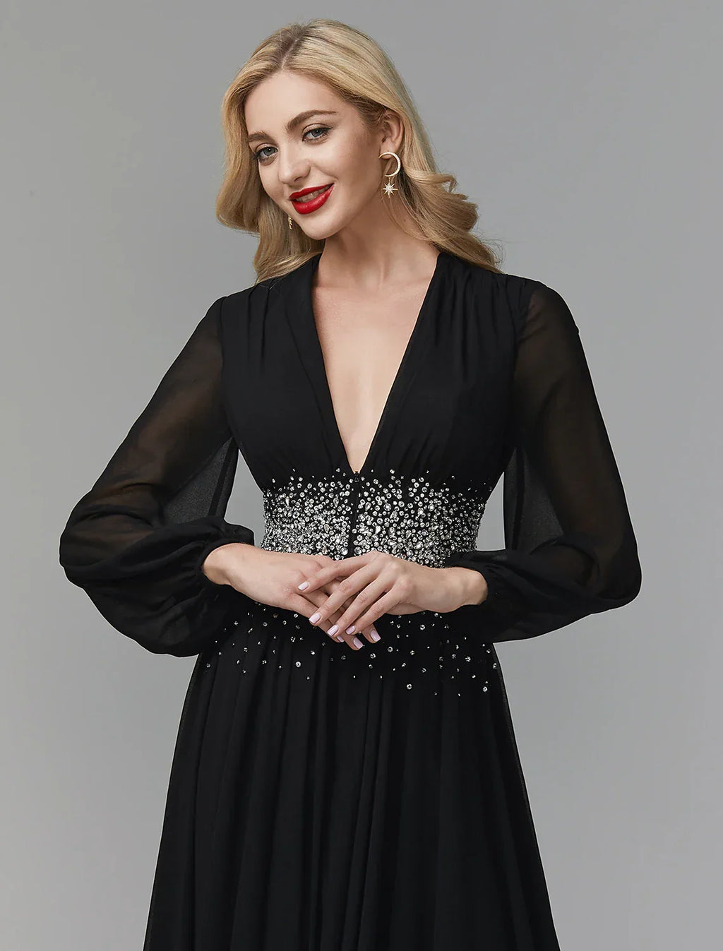 Black Evening Dress Celebrity Red Carpet Formal Gown Tie Wedding Guest Floor Length Long Sleeve V Neck