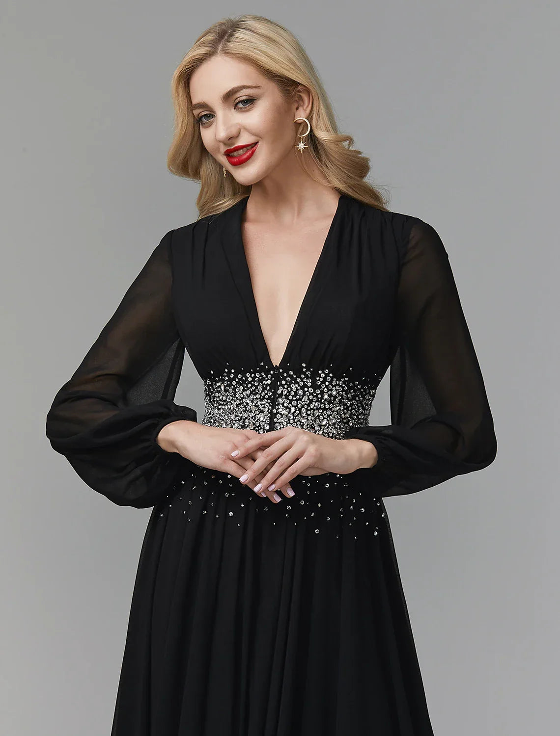 Black Evening Dress Celebrity Red Carpet Formal Gown Party Dress Tie Wedding Guest Floor Length Long Sleeve V Neck