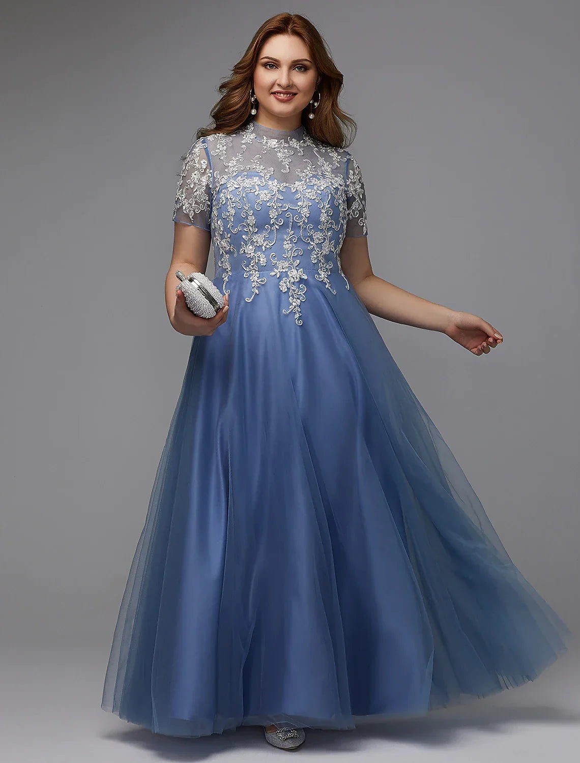 Plus Size Dress Wedding Guest Floor Length Short Sleeve High Neck Lace-up with Appliques