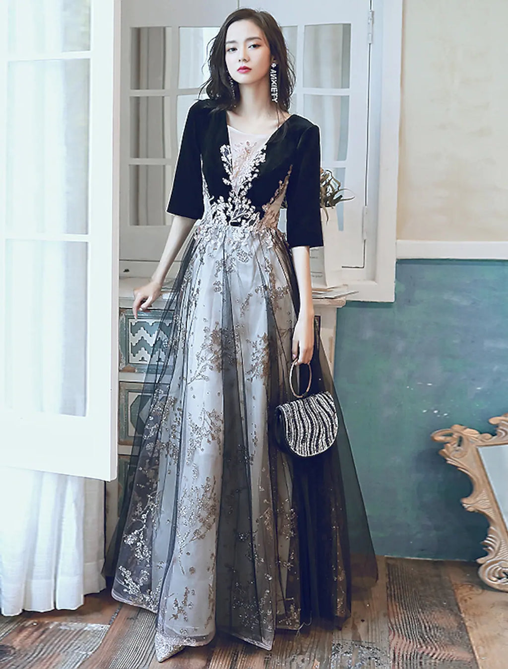 Glittering Party Wear Formal Evening Dress Half Sleeve Floor Length with Appliques