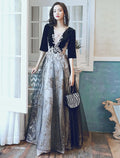 Glittering Party Wear Formal Evening Dress Half Sleeve Floor Length with Appliques