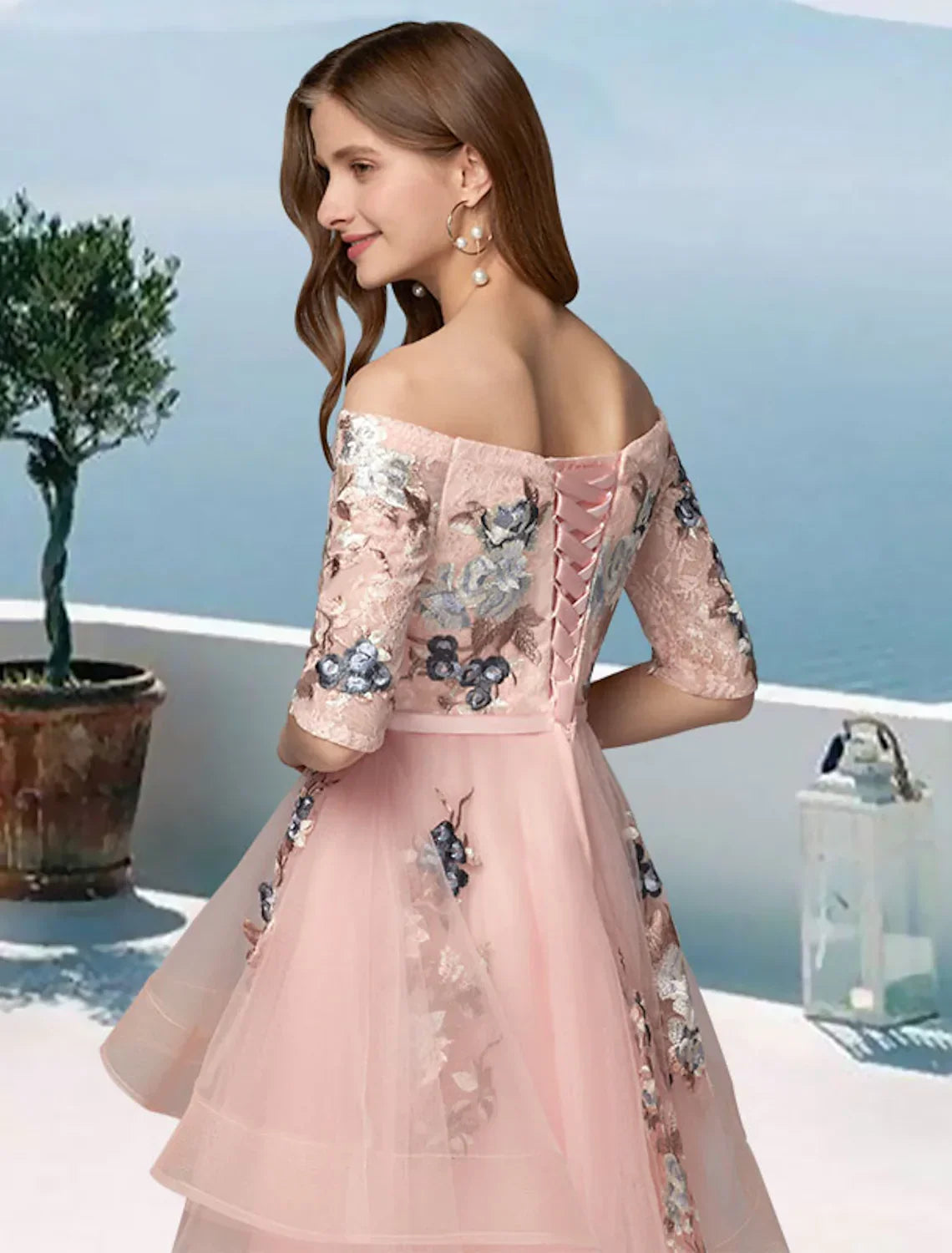 Evening Party Asymmetrical Half Sleeve Off Shoulder with Embroidery Appliques