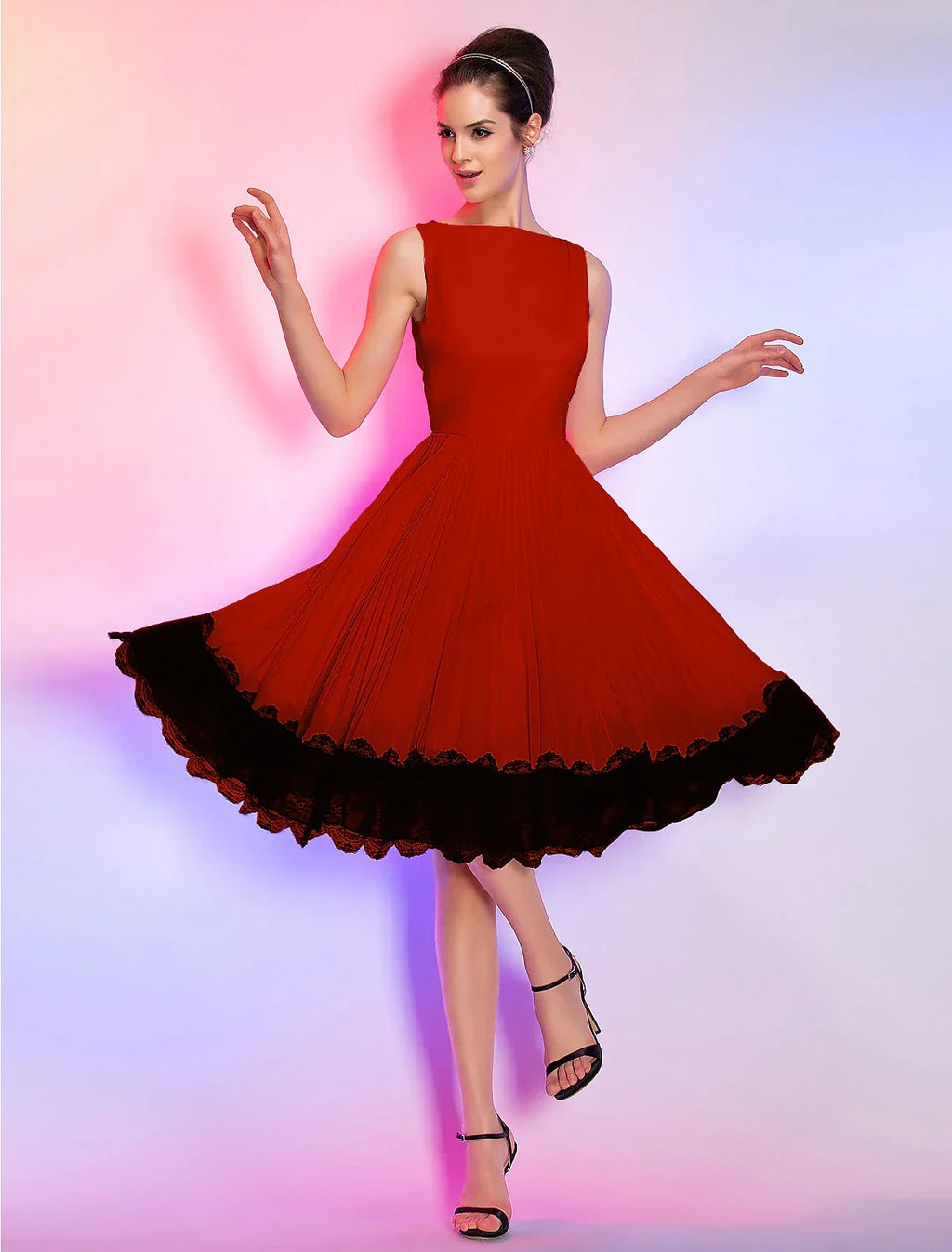 Pink Homecoming Knee Length Sleeveless Boat Neck Dress