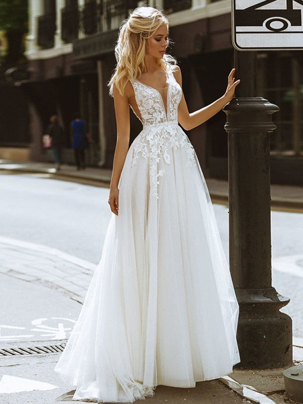 A-Line/Princess V-neck Sleeveless Sweep/Brush Train Wedding Dresses