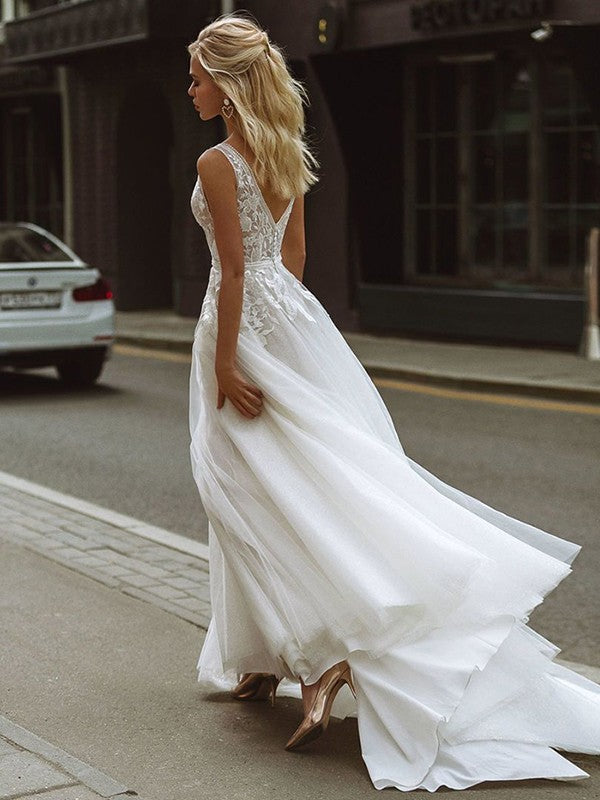 A-Line/Princess V-neck Sleeveless Sweep/Brush Train Wedding Dresses