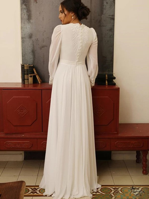 A-Line/Princess Jewel Long Sleeves Floor-Length Wedding Dresses