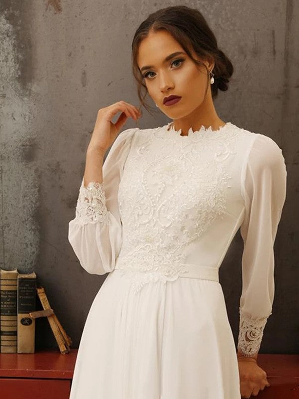 A-Line/Princess Jewel Long Sleeves Floor-Length Wedding Dresses
