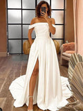 A-Line/Princess Ruched Off-the-Shoulder Sleeveless Sweep/Brush Train Wedding Dresses