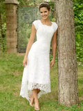 A-Line/Princess Scoop Short Sleeves Asymmetrical Wedding Dresses