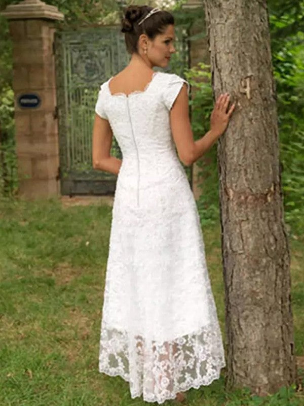 A-Line/Princess Scoop Short Sleeves Asymmetrical Wedding Dresses