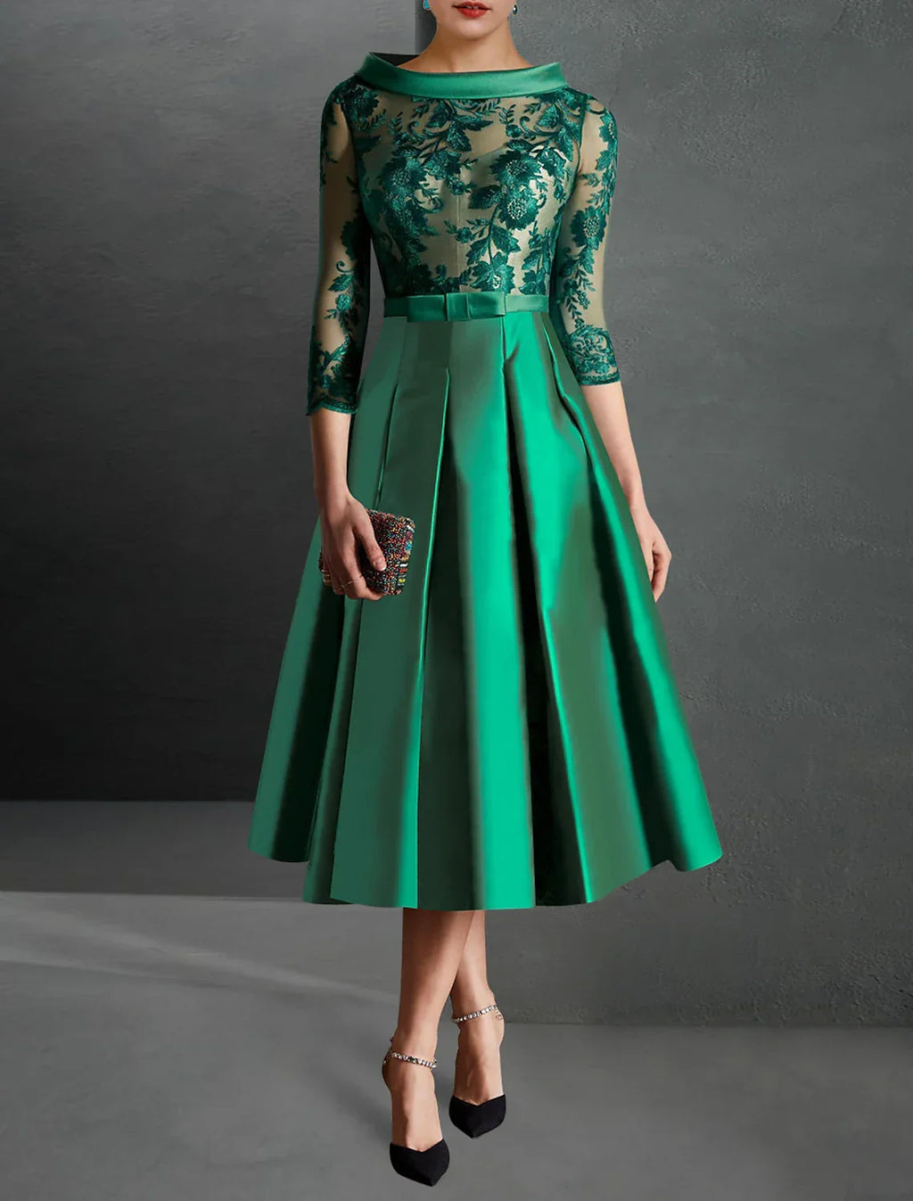 Green Cocktail Dress Christmas Red Dresses Formal Kentucky Derby Tea Length 3/4 Length Sleeve Jewel Neck Fall Wedding Guest with Pleats Appliques